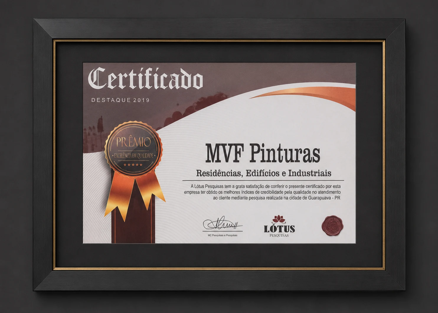 Terceiro certificado de reconhecimento da MVF Pinturas